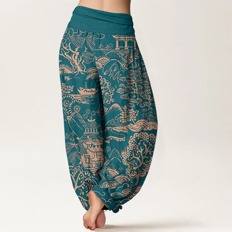 Buddha Stones Cotton Exquisite Tree Building Cloud Pattern Women's Elastic Waist Harem Pants