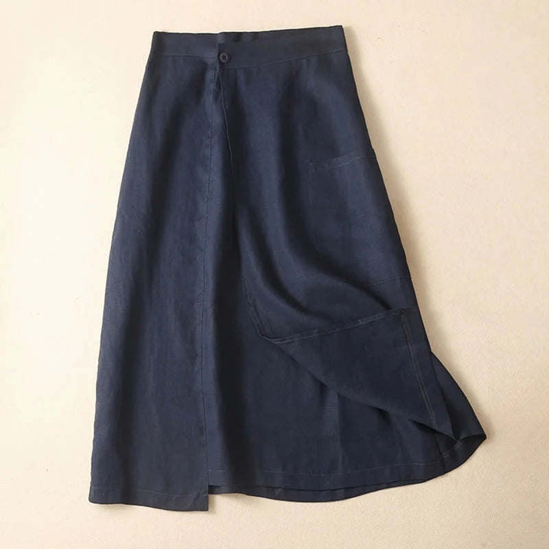 Buddha Stones Vintage Summer Asymmetrical High Waist Women's Cotton Linen Skirt With Pockets
