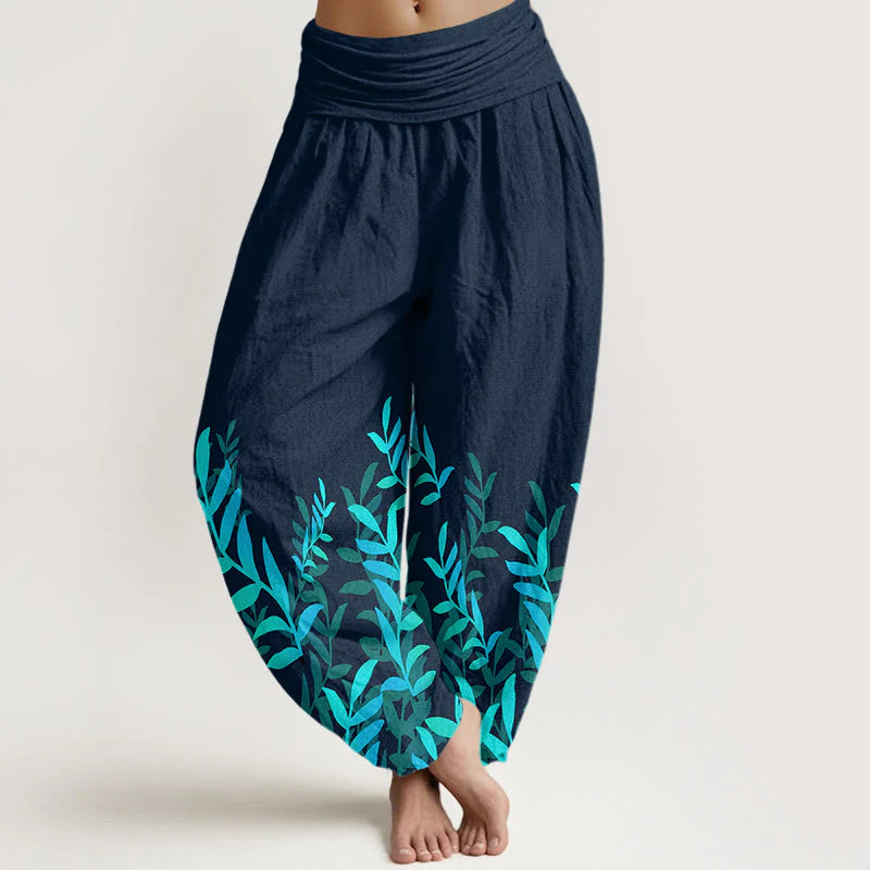 Buddha Stones Cotton Casual Leaves Pattern Women's Elastic Waist Harem Pants