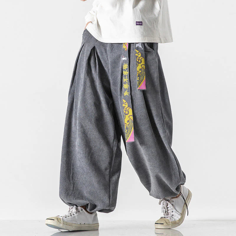 Buddha Stones Fall Winter Lace-up Chinese Character Embroidery Men's Corduroy Pants With Pockets