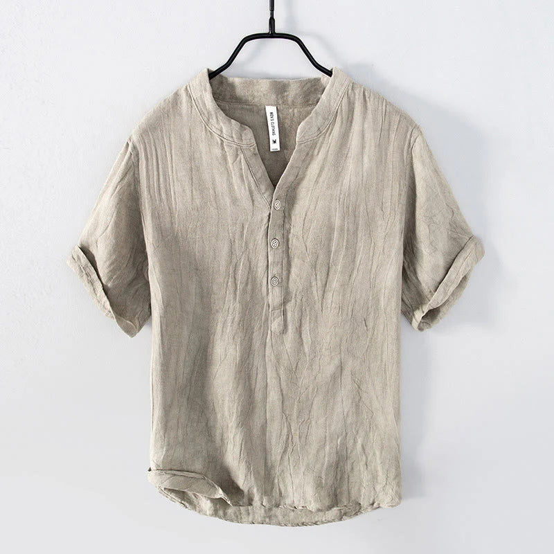 Buddha Stones Solid Color Short Sleeve Half Button Shirt Cotton Linen Men Clothing