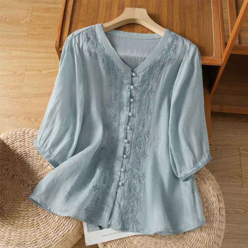 Buddha Stones Casual Embroidery Frog-Button Polyester Half Sleeve Women's V-neck Shirt