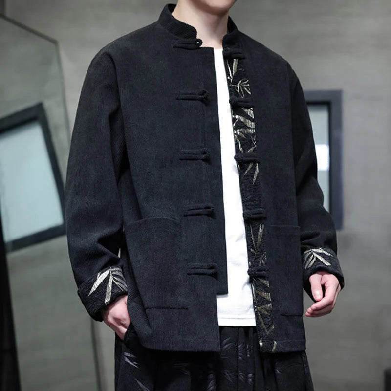 Buddha Stones Fall Bamboo Frog-Button Long Sleeve Men's Corduroy Cotton Jacket With Pockets
