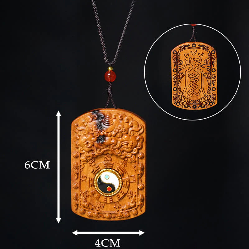 Buddha Stones Lightning Struck Jujube Wood Dragon Yin Yang Bagua Protection Necklace Pendant