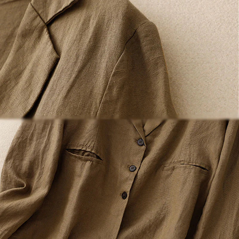 Buddha Stones Commute Retro Pure Color Lapel Cotton Linen Women's Jacket With Pockets