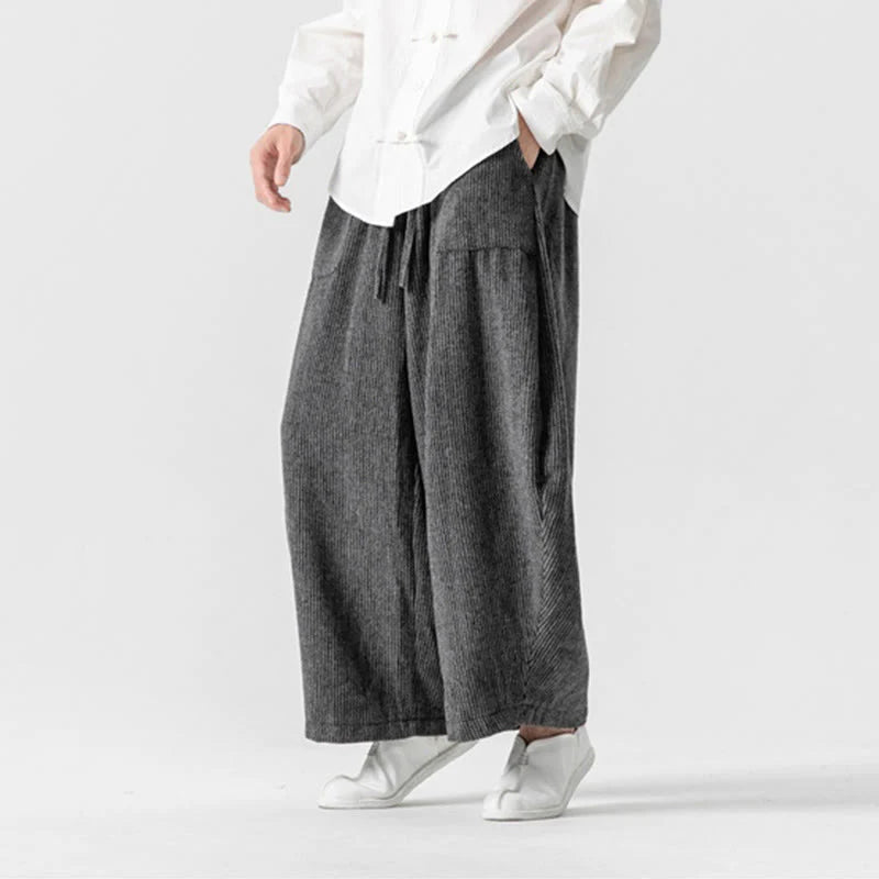 Buddha Stones Daily Solid Color Drawstring Design Men's Wide Leg Cotton Pants With Pockets