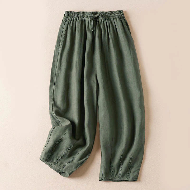 Buddha Stones Summer Small Flower Embroidery  Harem Pants With Pockets