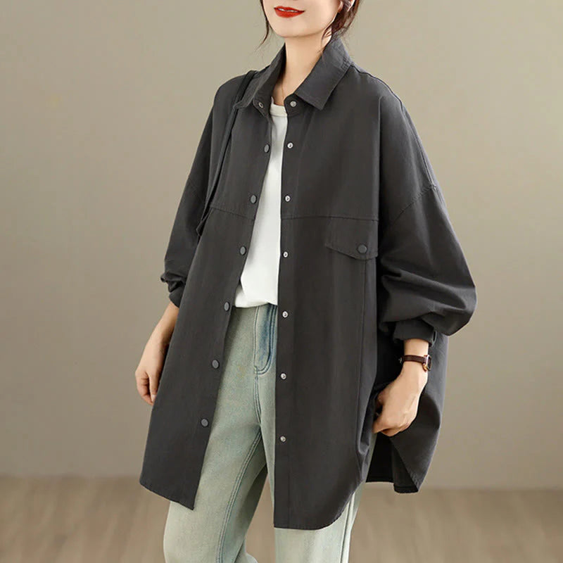 Buddha Stones Fall Pure Color Lapel Button Simple Design Women's Cotton Long Sleeve Jacket