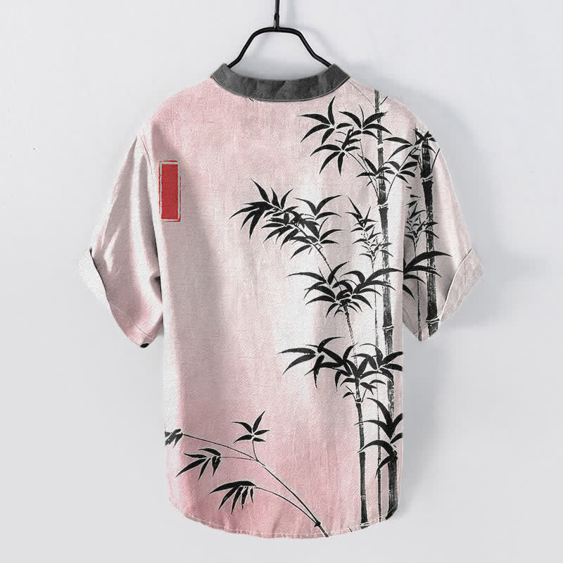 Buddha Stones Cotton Bamboo Emblem Men's Short Sleeve Half Button Shirt