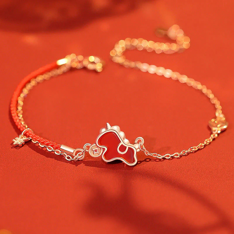 Buddha Stones 925 Sterling Silver Year Of The Horse Red String Red Agate Coin Charm Luck Bracelet