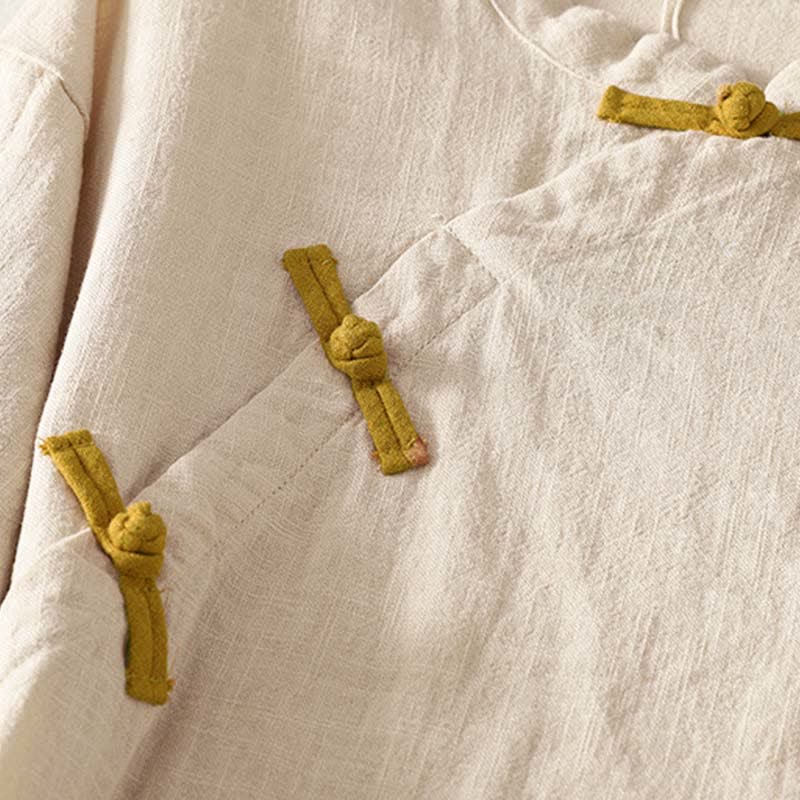 Buddha Stones Spring Frog-Button Knee Length Cotton Women's Short Sleeve Dress With Pockets