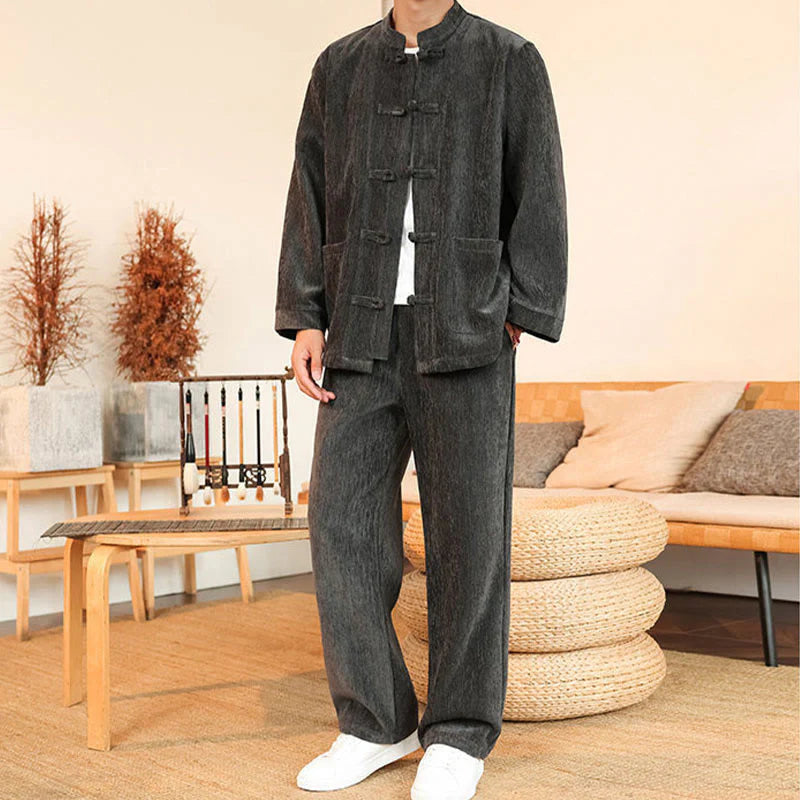 Buddha Stones 2Pcs Winter Thick Men's Tang Suit Frog-Button Cotton Corduroy Long Sleeve Jacket Pants Set With Pockets