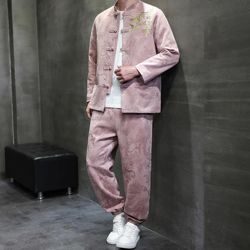 Buddha Stones 2Pcs Spring Dragon Bamboo Clouds Men's Tang Suit Frog-Button Cotton Long Sleeve Jacket Pants Set With Pockets