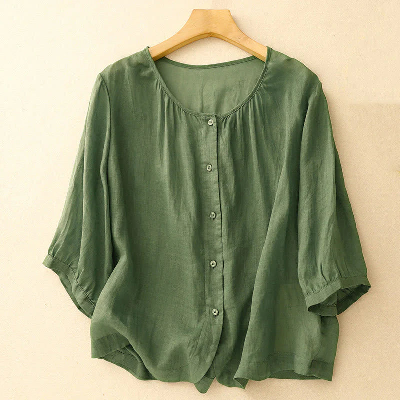 Buddha Stones Plain Button Crew Neck Design Women's Blend Three Quarter Sleeve Shirt