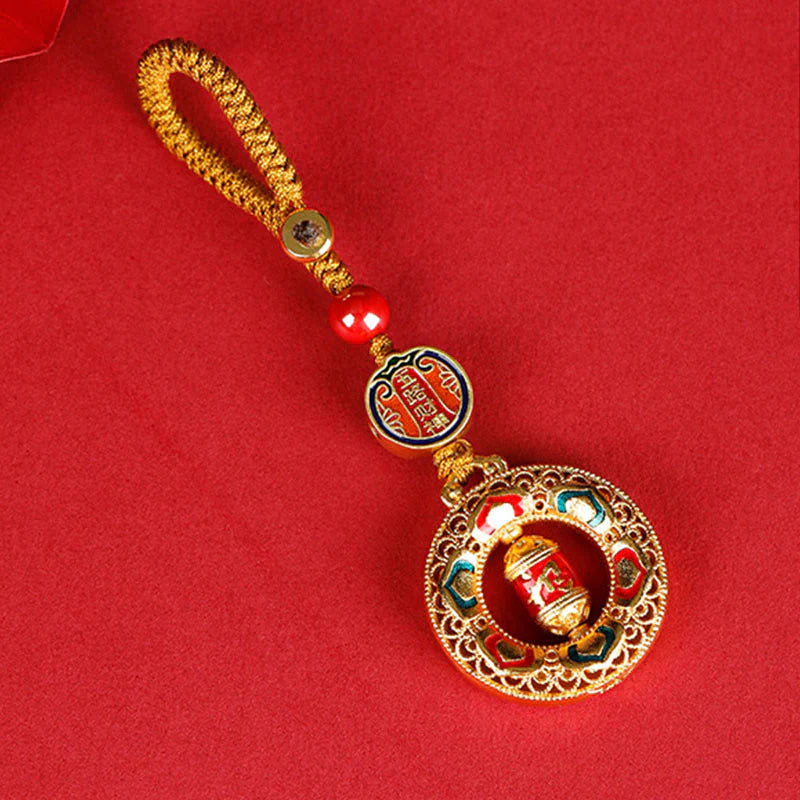 Buddha Stones Copper Prayer Wheel Five Directions Gods Of Wealth Balance Rotatable Key Chain