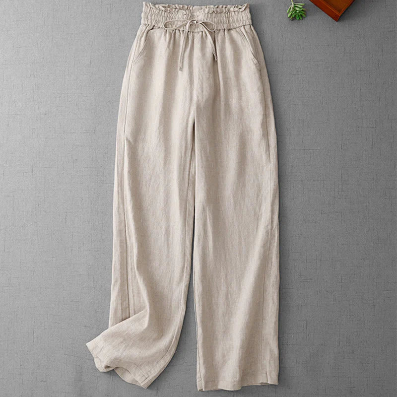 Buddha Stones Casual High Waist Ruffled Drawstring Design Women's Wide Leg Cotton Pants With Pockets