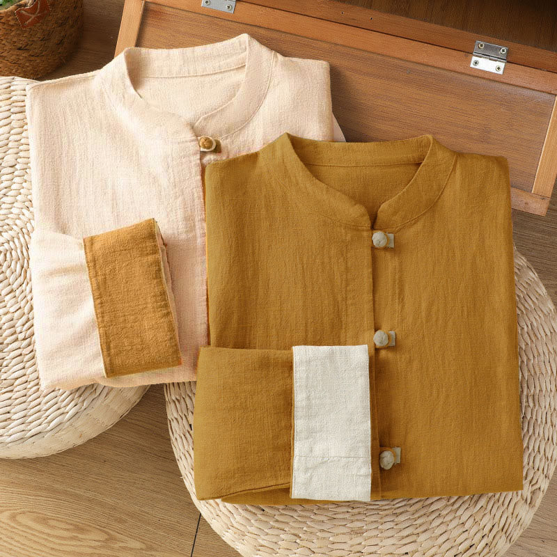 Buddha Stones Color Contrast Design Chinese Frog-Button Long Sleeve Women's Linen Shirt