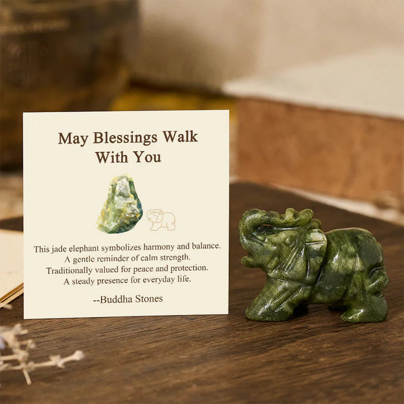 Buddha Stones ''May Blessings Walk With You'' Natural Small Elephant Amazonite Amethyst Jade Black Obsidian Stone Decoration Includes Gift Message Card