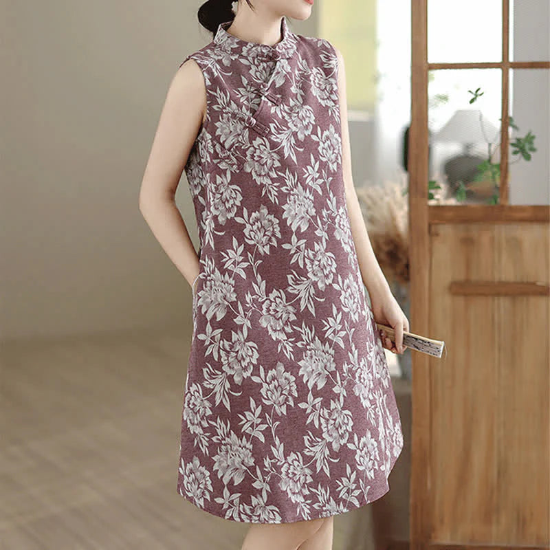 Buddha Stones Frog-button Mandarin Collar Floral Pattern Sleeveless Cotton Mini Dress With Pockets