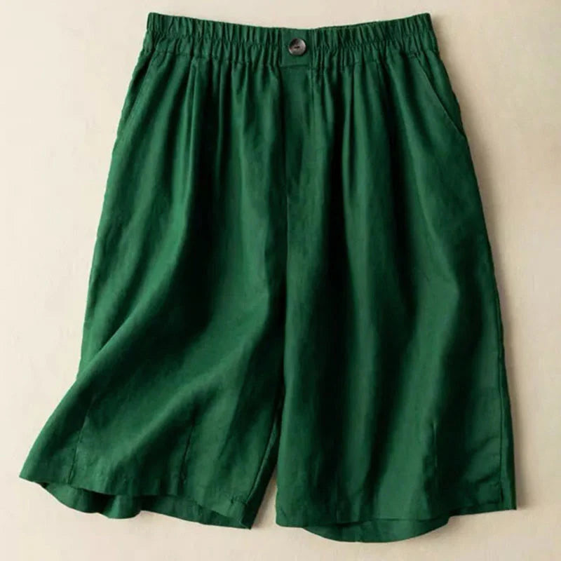 Buddha Stones Summer Casual Plain Zipper Button Cotton Linen Women's Shorts With Pockets