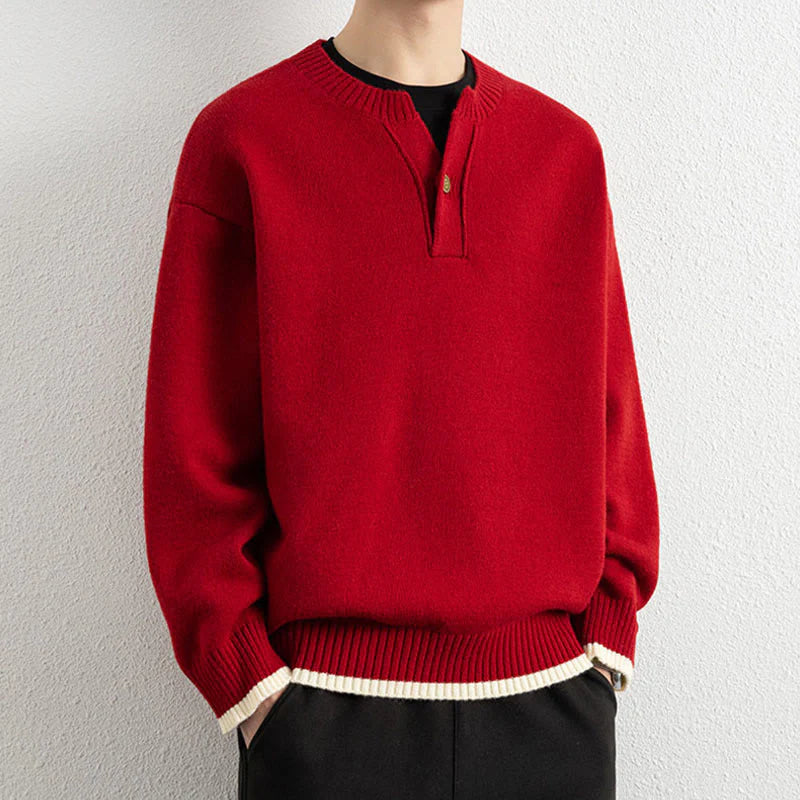 Buddha Stones Winter V-Neck One Button Design Warm Men's Long Sleeve Knitted Sweater