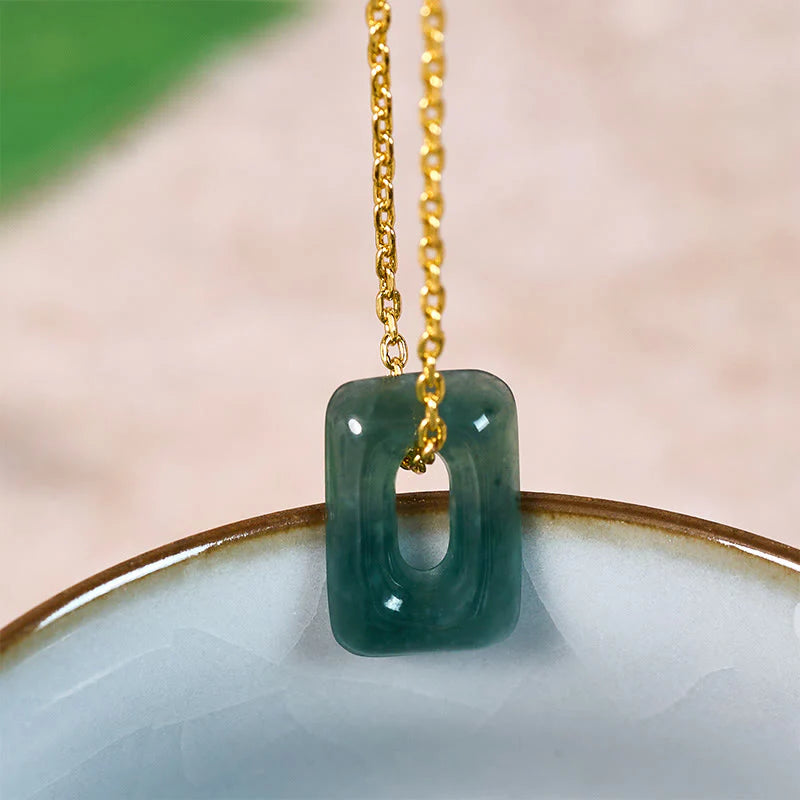 Buddha Stones Mini Square Green Jade Abundance Necklace Pendant
