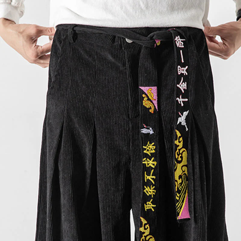 Buddha Stones Fall Winter Lace-up Chinese Character Embroidery Men's Corduroy Pants With Pockets