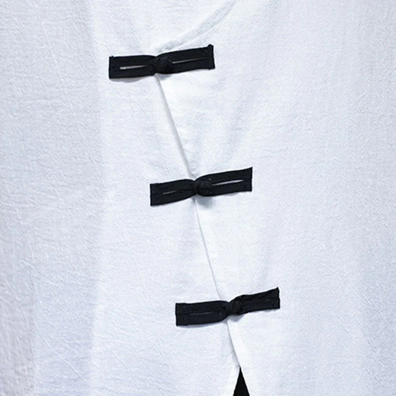 Buddha Stones Plain Chinese Frog-Button Stand Collar Cotton Linen Men's Half Sleeve Shirt