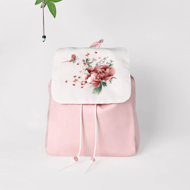 Buddha Stones Handmade Pink Peony Flowers Embroidered Large Capacity Canvas Backpack