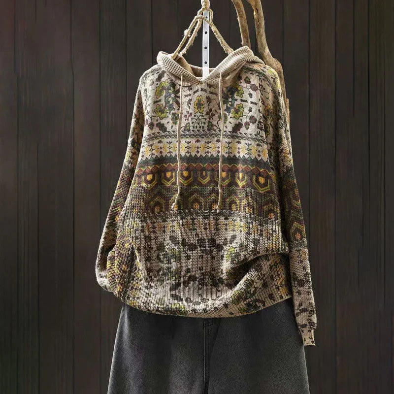 Buddha Stones Fall Striped Geometric Flowers Cotton Women's Long Sleeve Pullover Knitted Hoodie