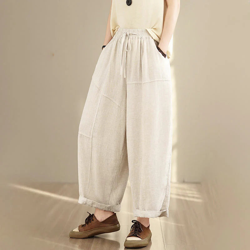 Buddha Stones Women's Fall Plain Color Drawstring Cotton Linen 7-8 Length Pants With Pockets