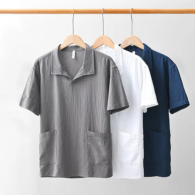 Buddha Stones Vintage Plain Simple Design Men's Short Sleeve Cotton Linen Shirt Clothing With Pockets