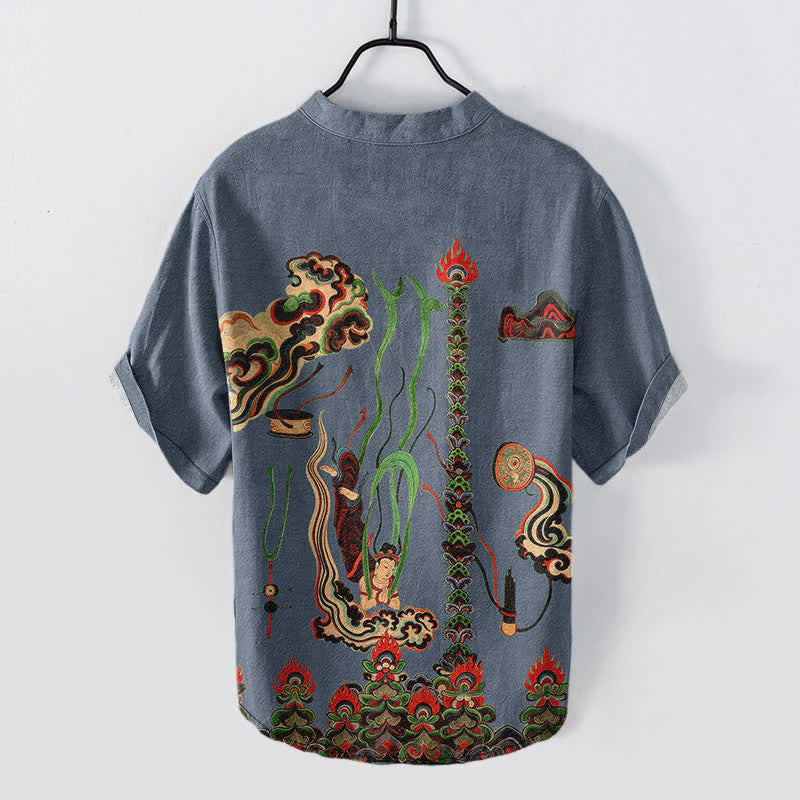 Buddha Stones Cotton Mural Cloud Pattern Men's Short Sleeve Half Button Shirt