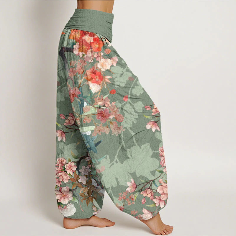 Buddha Stones Cotton Red Pink Blooming Flowers Lush Branches Women's Elastic Waist Harem Pants