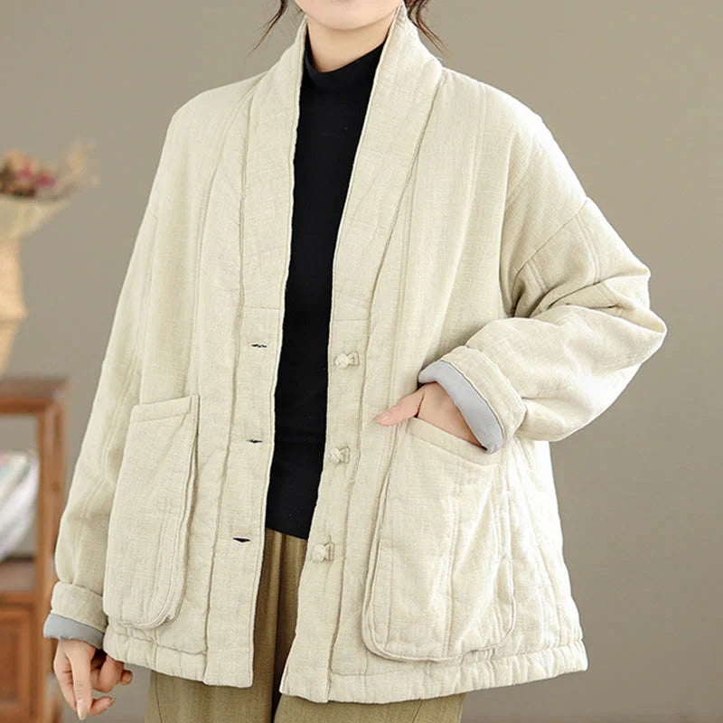 Buddha Stones Winter Solid Long Sleeve Cotton Women's Thermal Jacket With Pockets