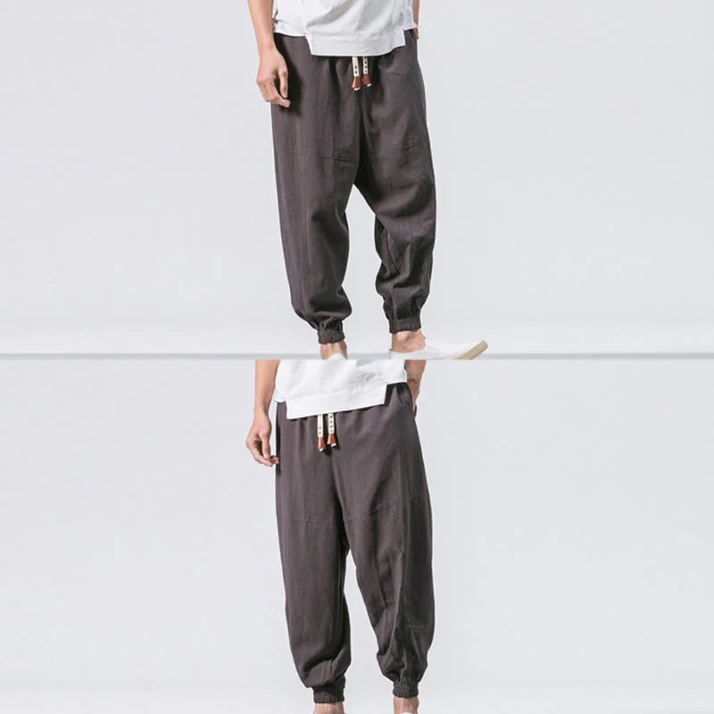 Buddha Stones Men's Plain Simple Drawstring Design Cotton Harem Pants With Pockets