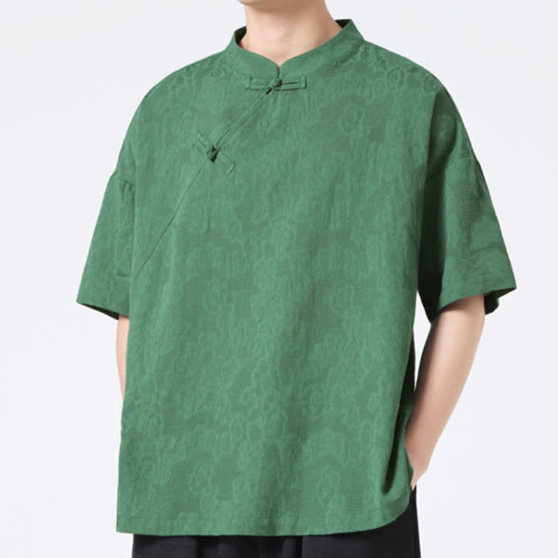 Buddha Stones Retro Pure Color Frog-Button Design Jacquard Flower Pattern Men's Short Sleeve Cotton Linen Shirt