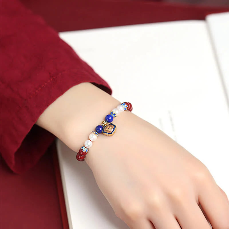 Buddha Stones Cinnabar Lapis Lazuli Chinese Lock Charm Blessing Bracelet