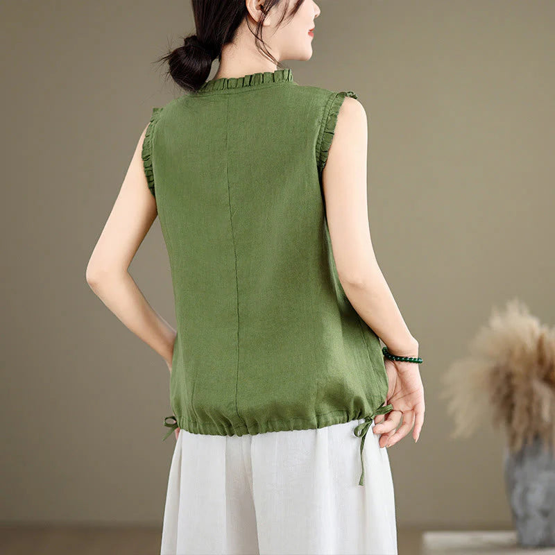 Buddha Stones Summer Ruffled Design Drawstring Crew Neck Cotton Linen Women's Sleeveless Vest