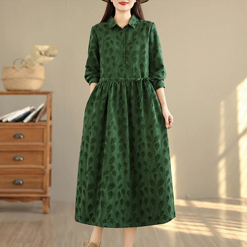 Buddha Stones Leaf Pattern Stand Collar Long Sleeve Cotton Midi Dress With Pockets