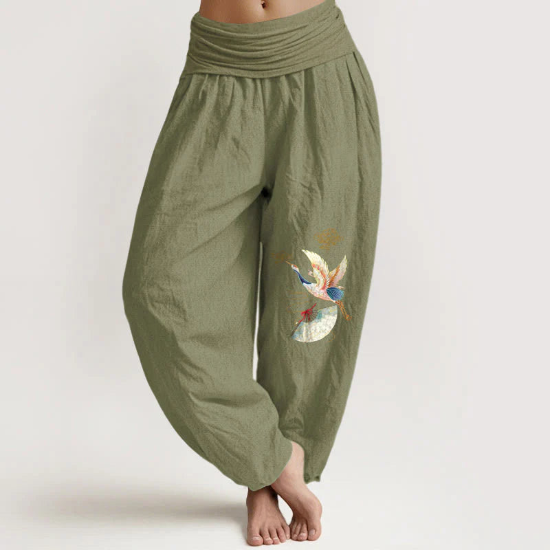 Buddha Stones Crane Folding Fan Auspicious Clouds Pattern Women's Elastic Waist Harem Cotton Pants