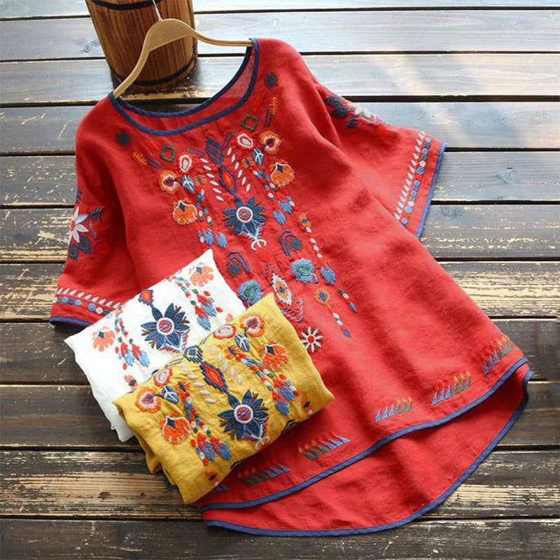 Buddha Stones Retro Artistic Embroidery Floral Pattern Crew Neck Women's Cotton Linen Short Sleeve T-Shirt