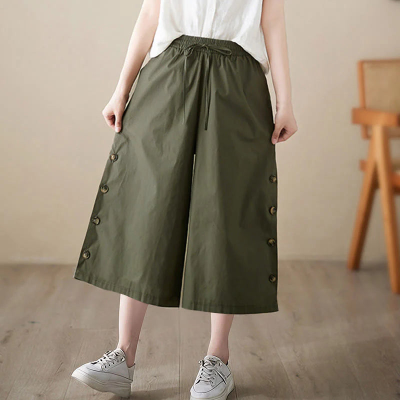 Buddha Stones Plain Buttoned Side Design Capri Cropped Women's Wide Leg Pants With Pockets