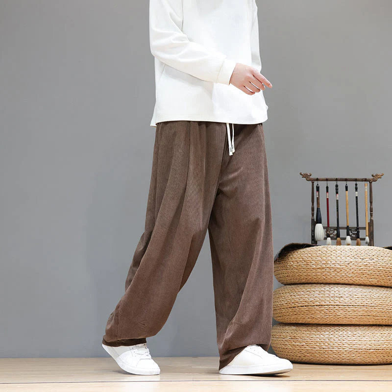 Buddha Stones Plain Color Pure Cotton Corduroy Men's Harem Pants With Pockets