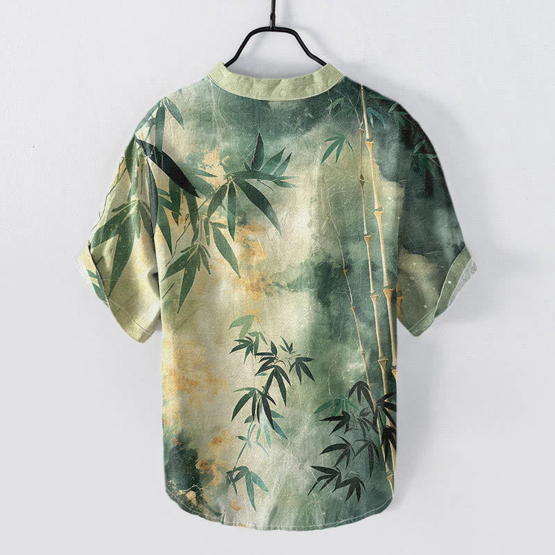 Buddha Stones Cotton Bamboo Pattern Men's Short Sleeve Half Button Shirt