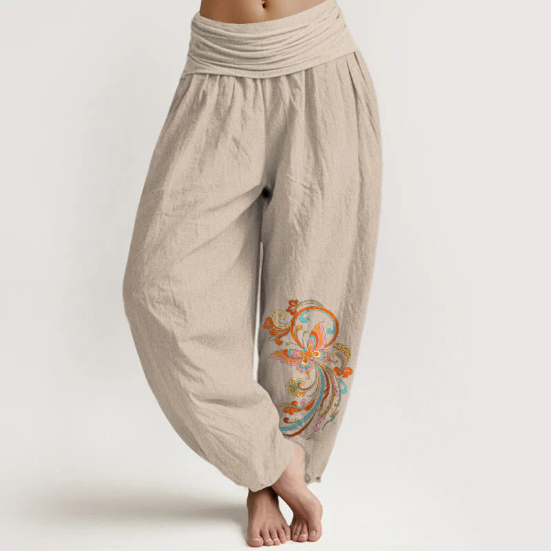 Buddha Stones Cotton Free Butterfly Auspicious Cloud Pattern Women's Elastic Waist Harem Pants