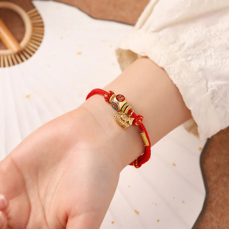 Buddha Stones Year Of The Horse Copper Red String Fu Character Lotus Luck Bracelet