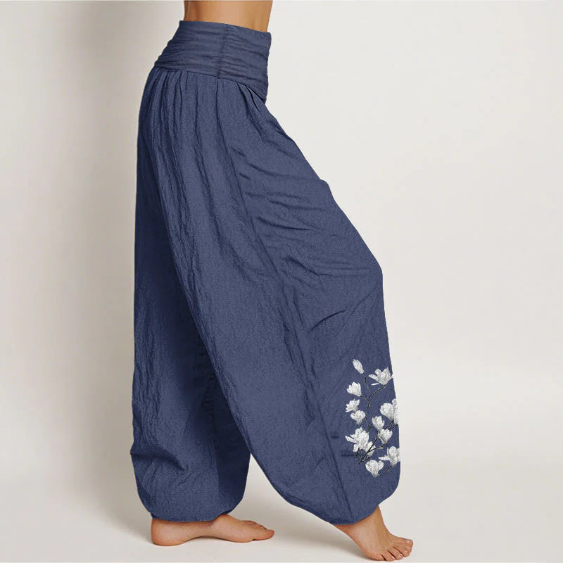 Buddha Stones Pure Cotton Minimalist Style Magnolia Flower Pattern Women's Elastic Waist Harem Pants