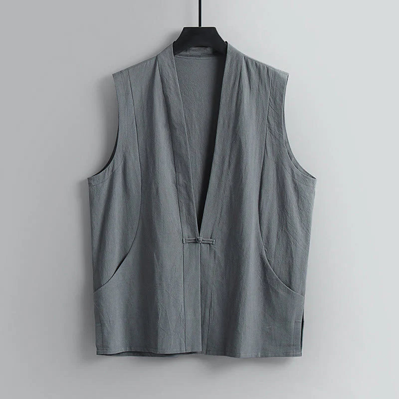 Buddha Stones Summer Solid Color V-Neck Frog-Button Sleeveless Men's Cotton Linen Vest