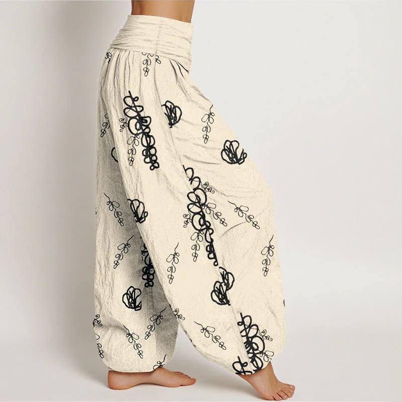Buddha Stones Print Hand-painted Flowers Branches Pattern Women's Elastic Waist Harem Cotton Pants